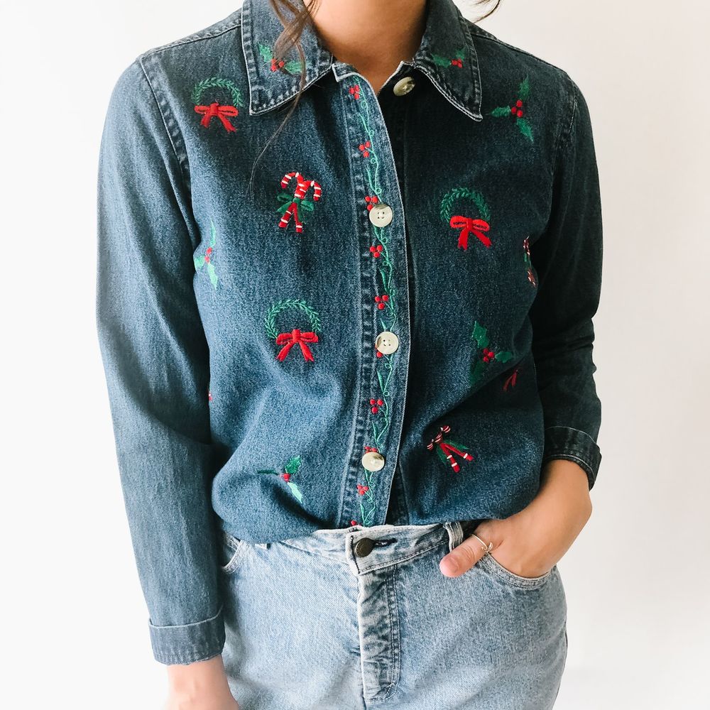 Vintage Blue Button Down Shirt with Red and Green Accents